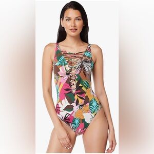 Bleu Rod Beattie Lace Down Over The Shoulder One Piece in Run Wild‎ Print